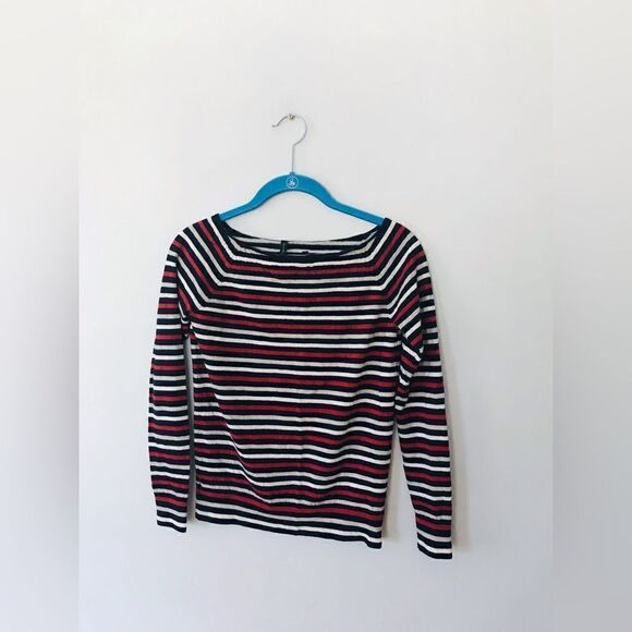 Theory | red, cream, and blue striped boat neck merino wool sweater | small - Picture 5 of 6